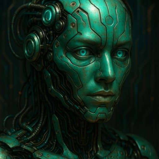 Biomechanical Face with Astral Circuitry and Verdigris
