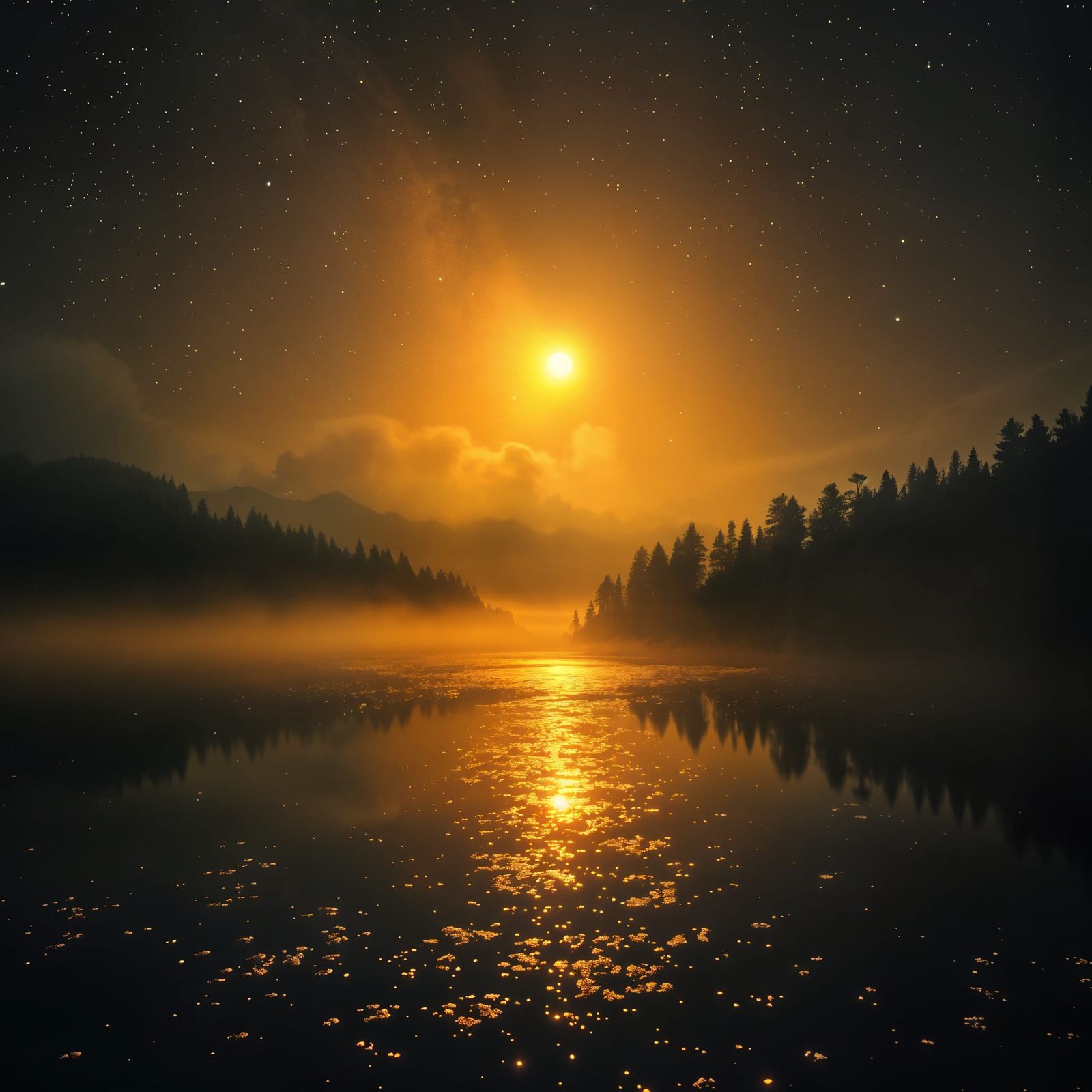Magical Golden Lake Under Starry Night Sky