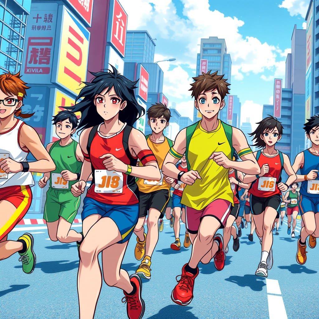 Students' Marathon in Anime Key Visual Style