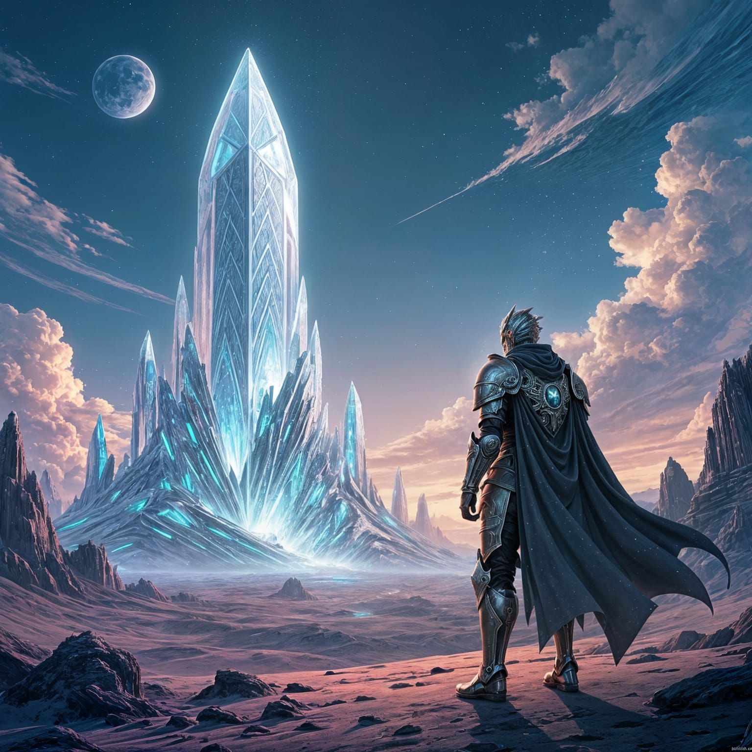 Lone Knight Gazes at Alien Crystal Structure in Anime Style
