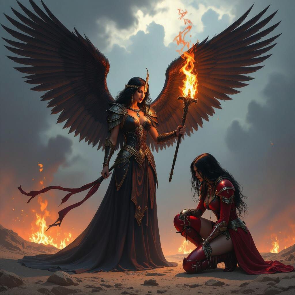 Angelic Figure Over Armored Warrior in Stormy Sky