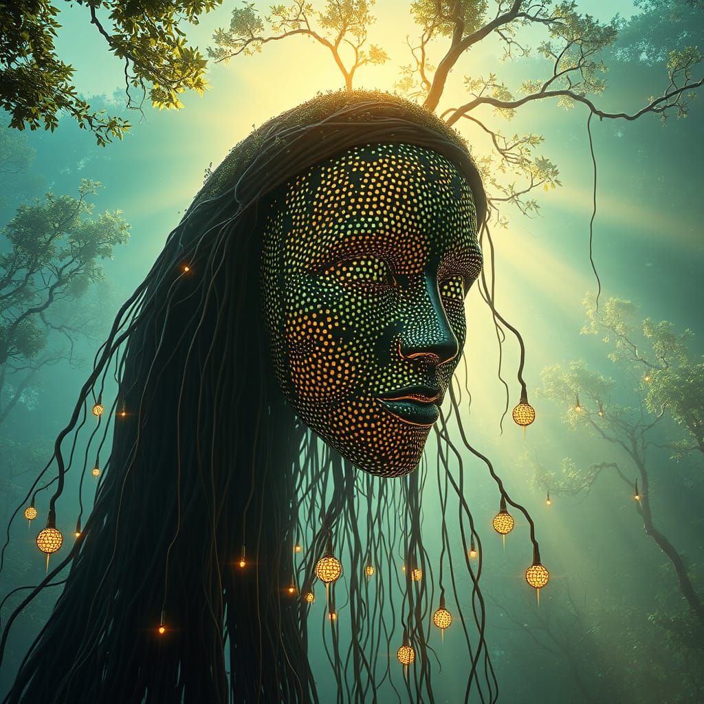 Surreal Vogue Face Sculpture in Misty Forest