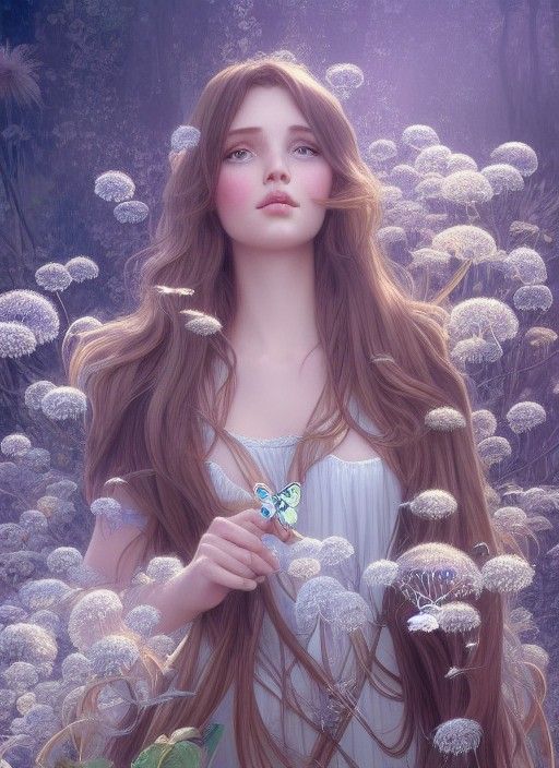 Innocent Princess Portrait with Dandelions and Butterflies