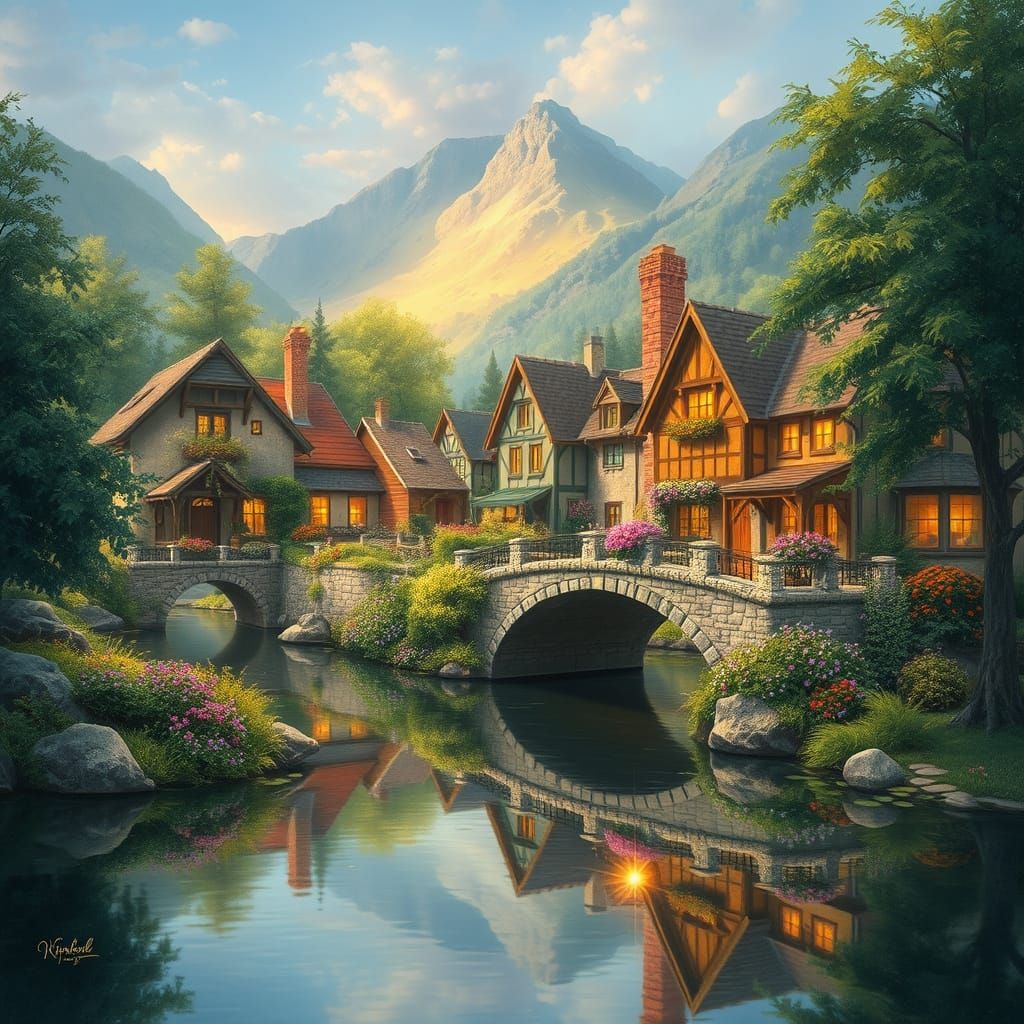 Serenely Glowing Village Scene in Dreamy, Whimsical Style