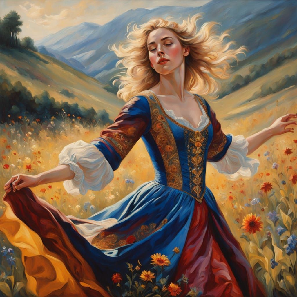 Golden Medieval Goddess Dancing in a Vibrant Meadow