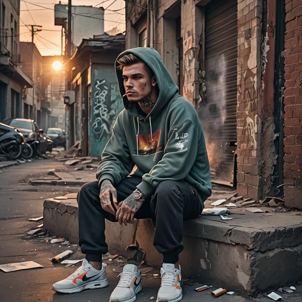 Hooded Man Smoking on Abandoned Street: Digital Painting