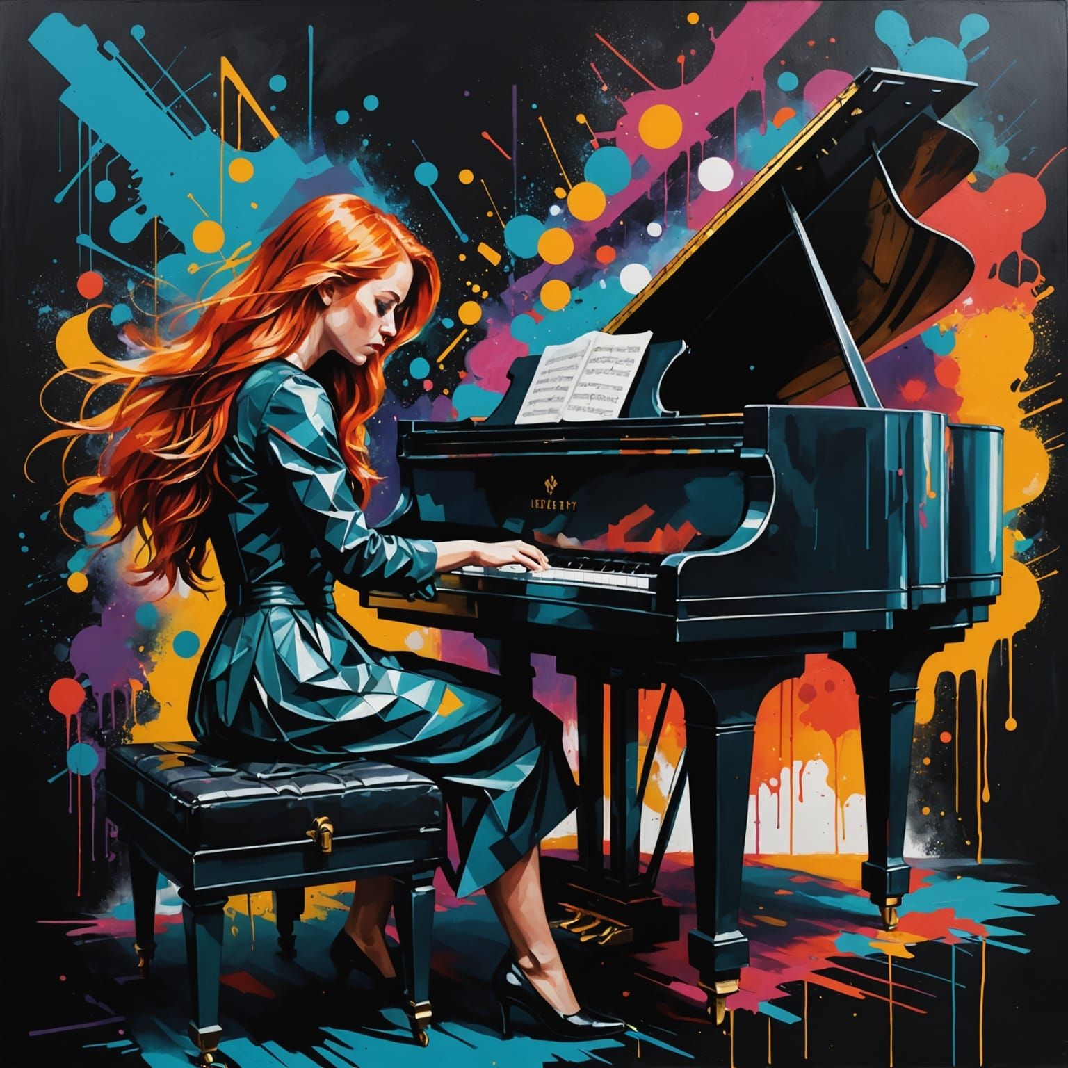 Ethereal Piano Performance in Geometric Art Style