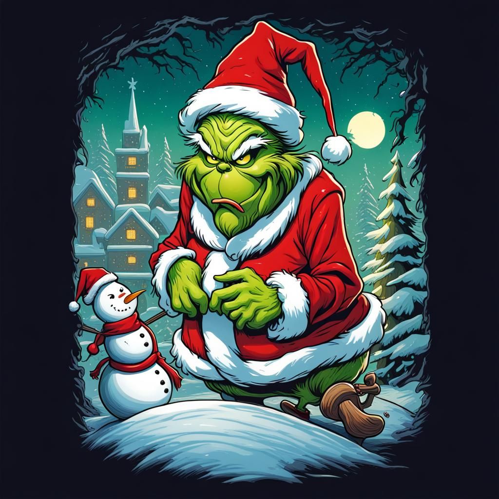 Santa vs Snowman Grinch T-Shirt Design in Comic Art