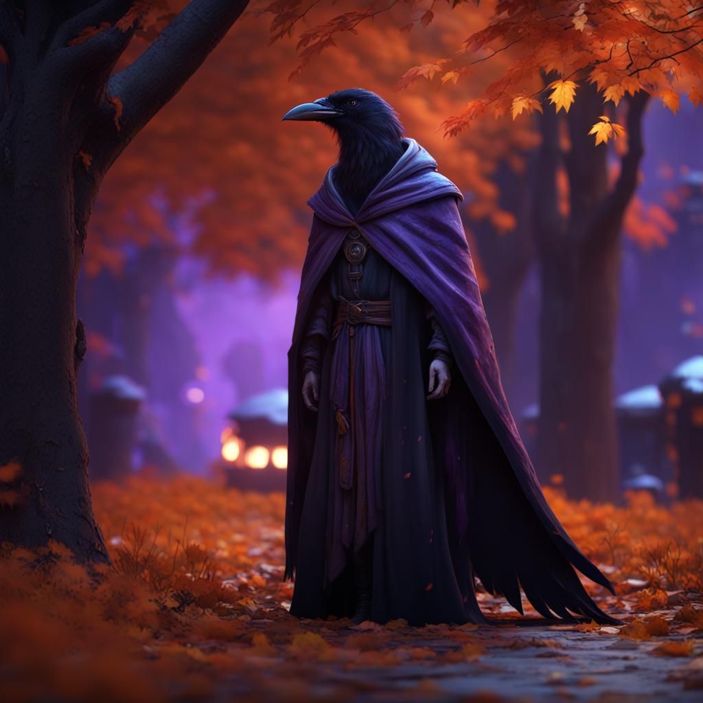 Raven Phantom in Autumnal Starry Night, Detailed Art