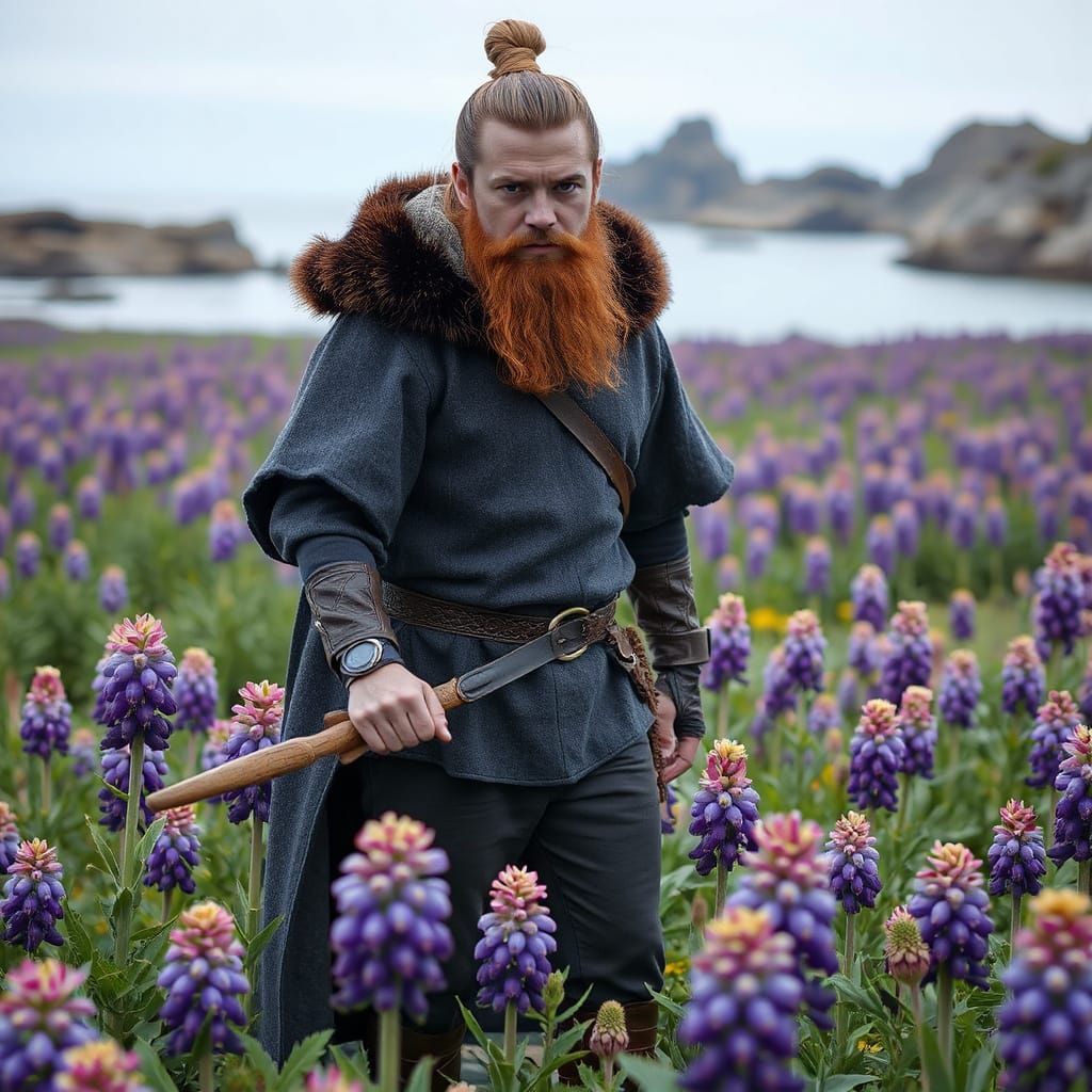 Medieval Knight Amidst Purple Lupine Flowers