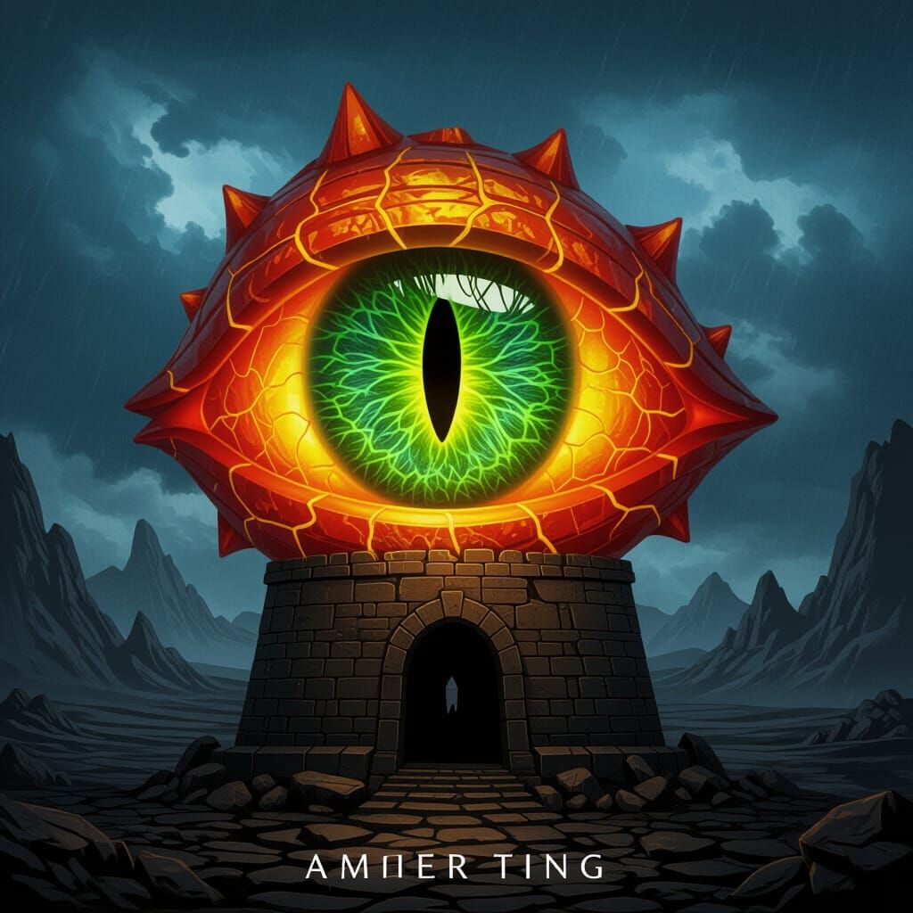 Giant Bioluminescent Eye in Fiery Shell on Stone Tower