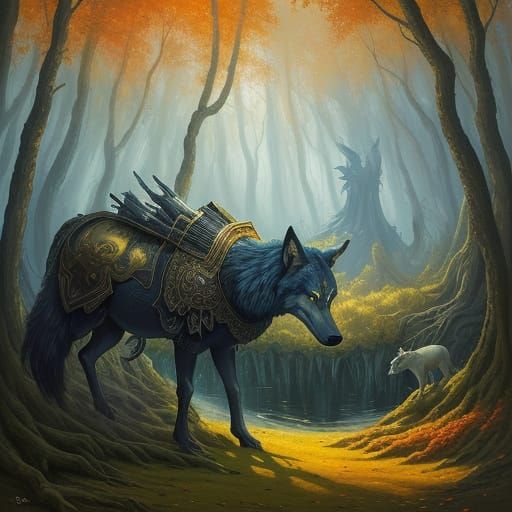 Enchanted Knight Awakens in Autumn Garden with Wolf, Surreal...