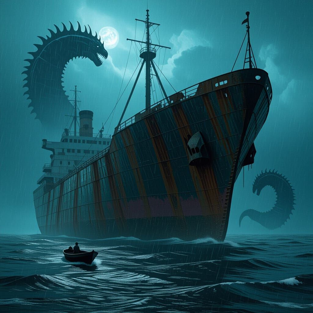 Abandoned Ship Drifting on a Stormy Sea