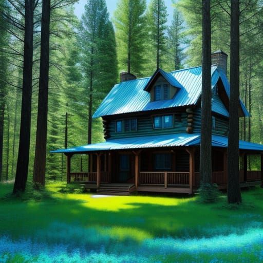Hyperrealistic Spring Forest with Cabin and Sunny Sky