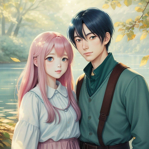 Dreamy Anime Sibling Portrait in Whimsical Watercolor Style