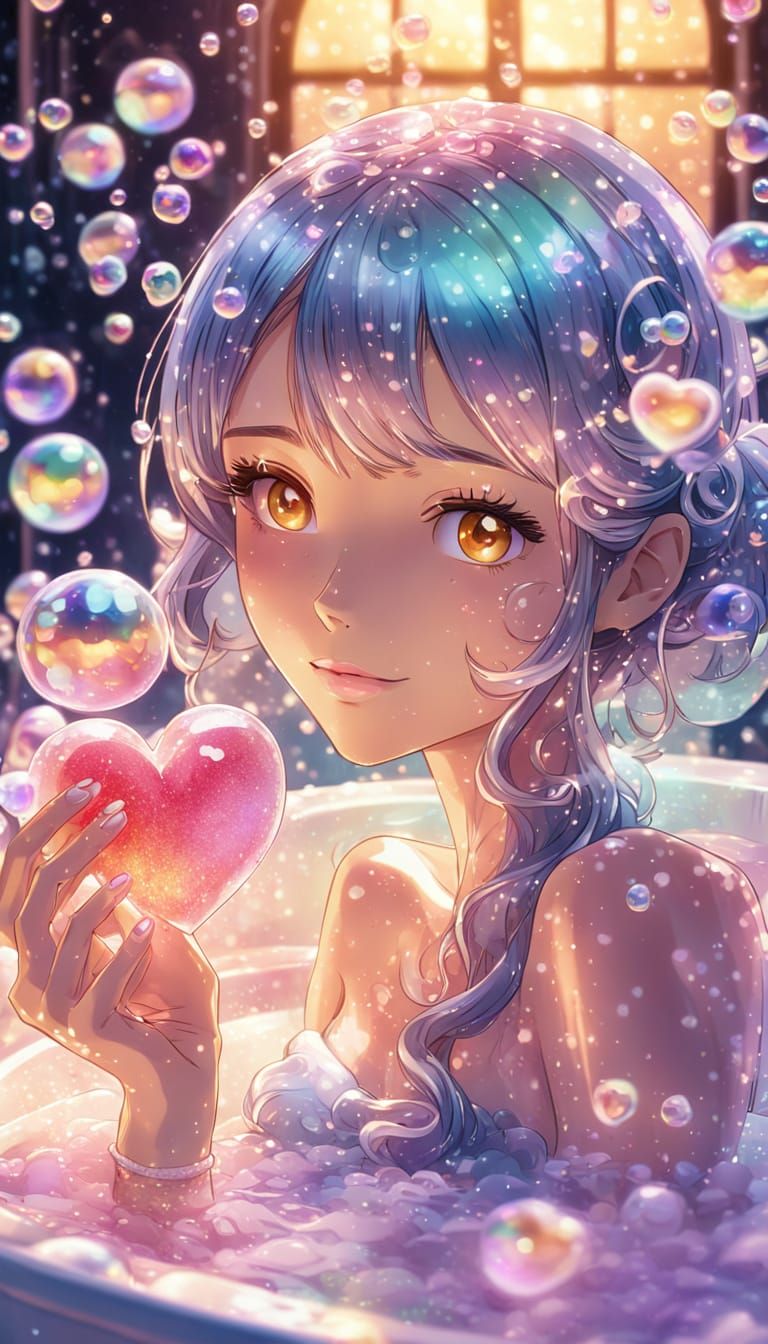 , girl in bath cover edin soap bubbles holding heart shaped soap, anime scene, iridescent bubbles