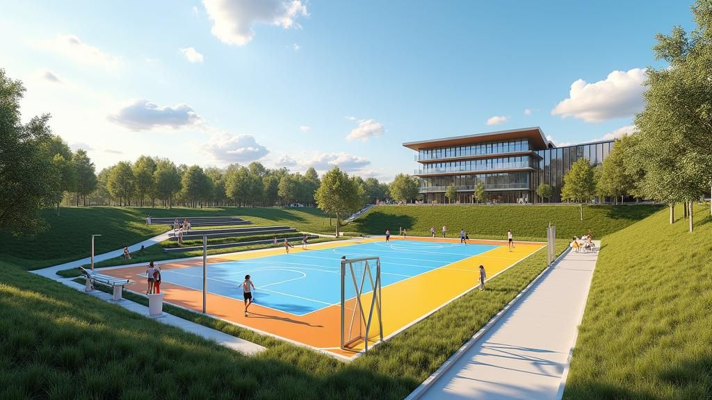 Modern Sports Complex on Sloped Terrain Under Summer Sky
