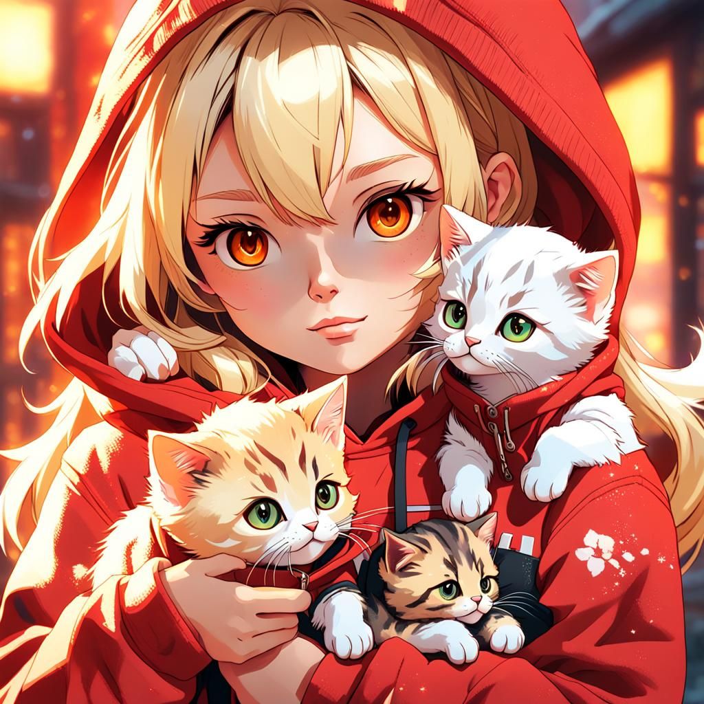 Blonde Girl with Kittens: Fantasy Digital Art