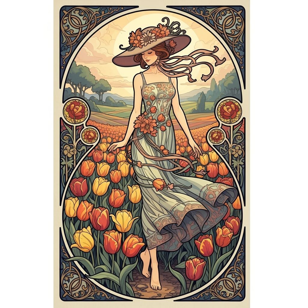 Woman Tiptoeing Through Tulips in Art Nouveau Style