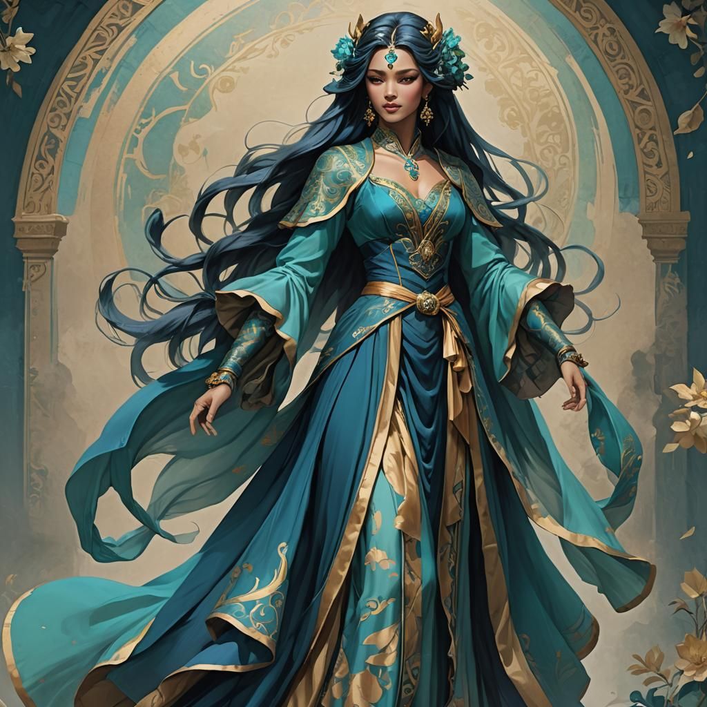 Blue Genasi Merchant in Teal Chiffon Dress