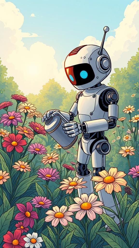 Robot Gardener in Comic Book Style