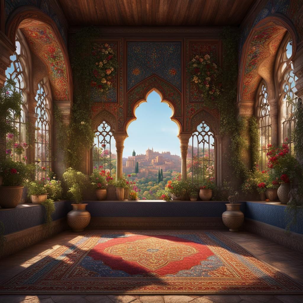 Moroccan Garden View Through Medieval Window