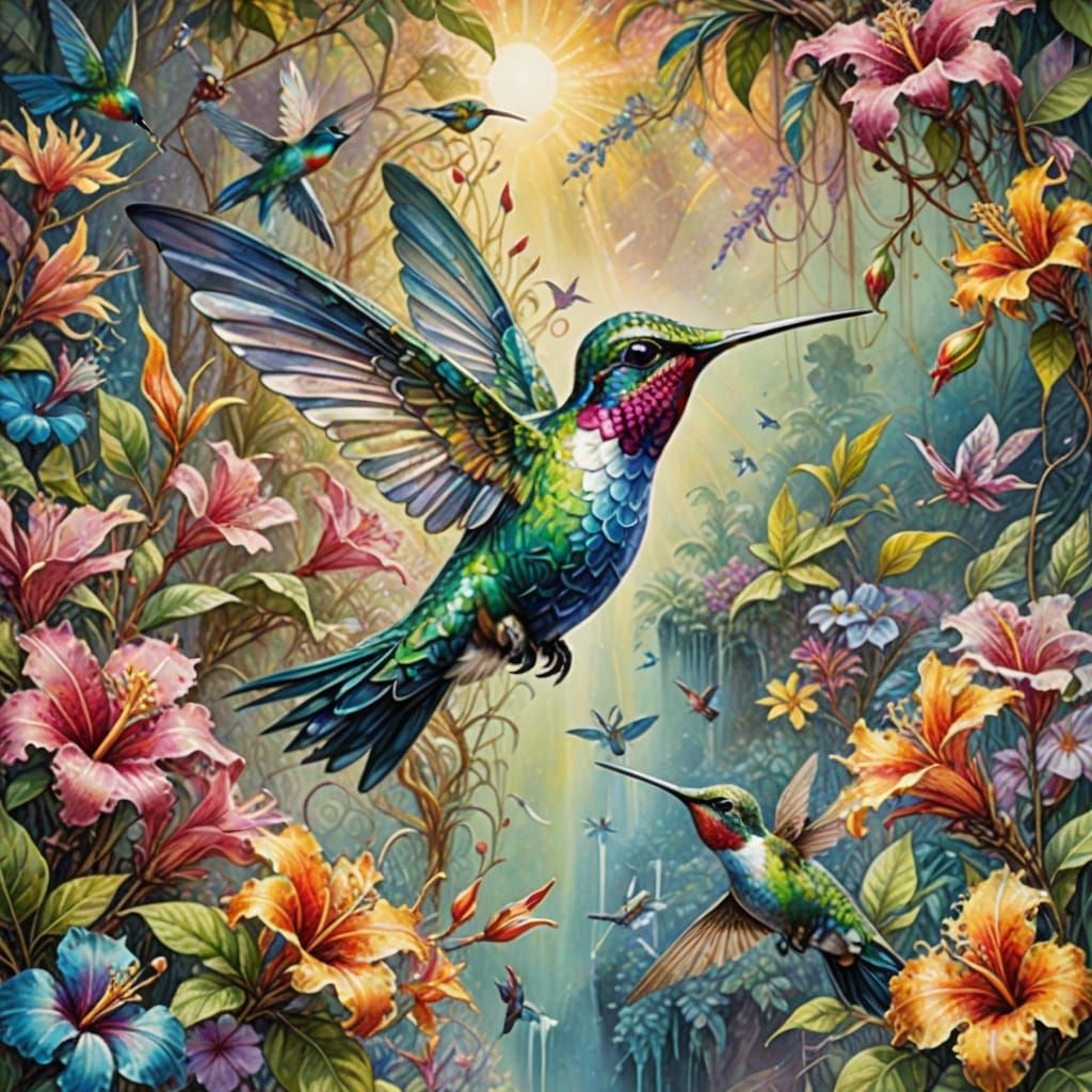 Vibrant Tropical Blooms Garden Scene with Hummingbird in Wat...