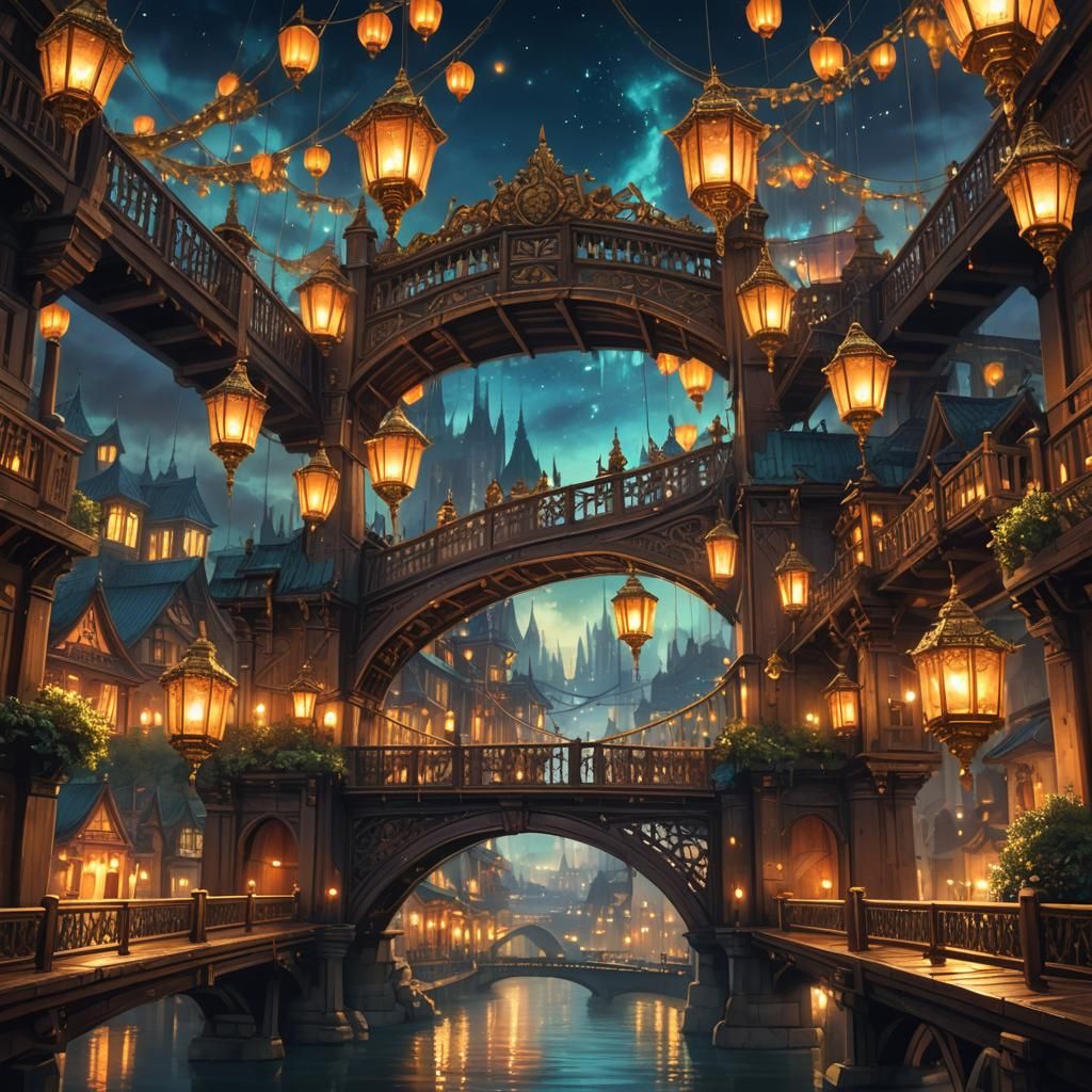 Ornate Bridge Connecting Two Fantasy Skies