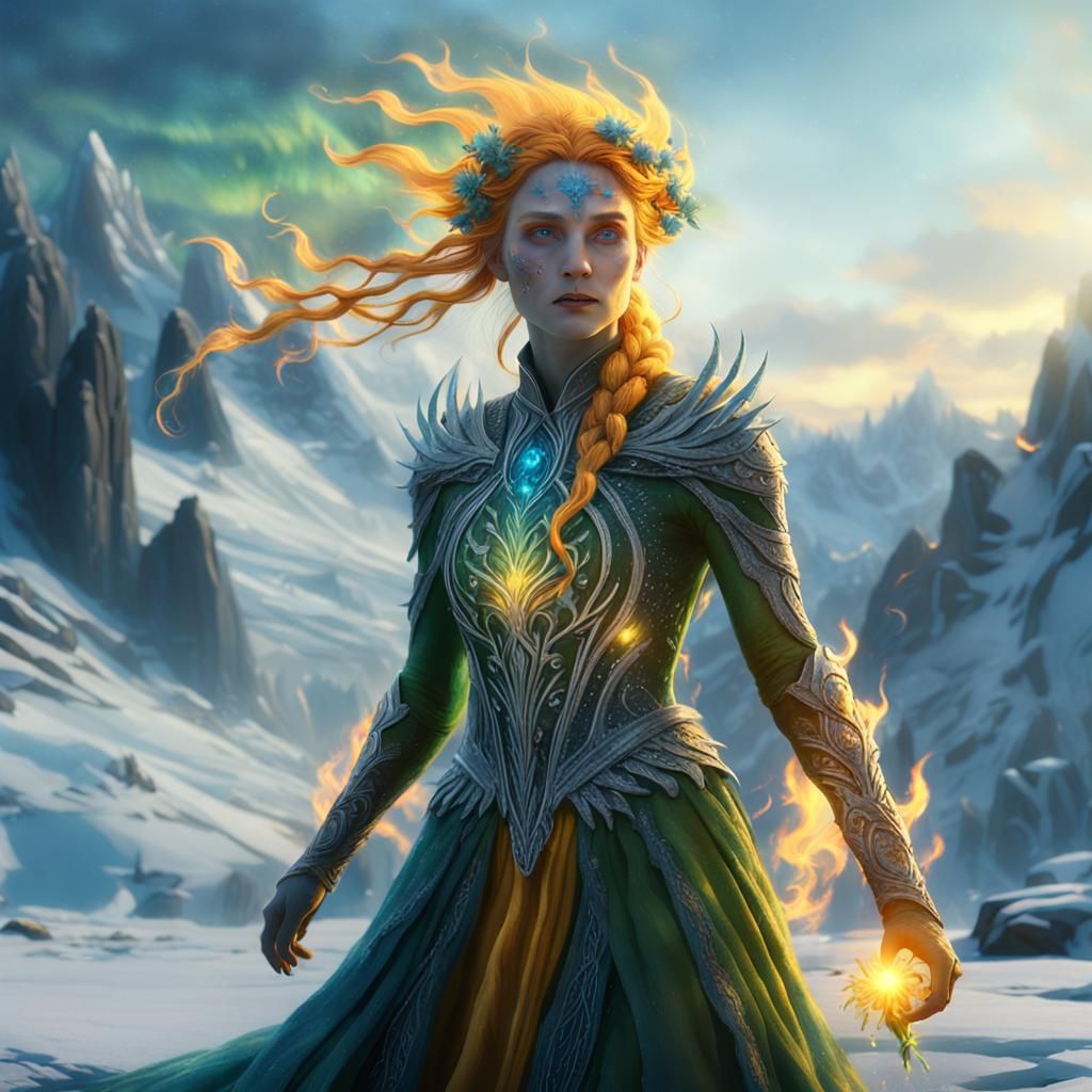 Flame Maiden in Frozen Tundra: Digital Matte Painting