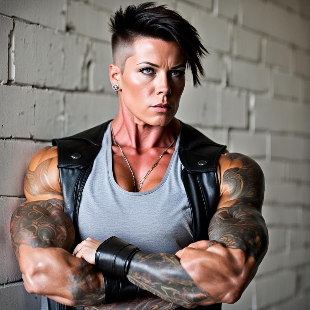 Butch Biker Woman Flexing: Photorealistic Portrait