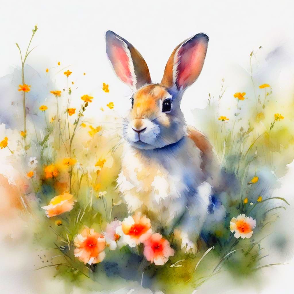 Gentle Rabbit in Spring Meadow, Watercolor Masterpiece