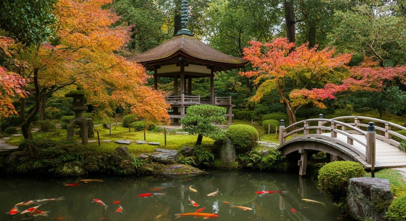 Serene Japanese Garden with Pagoda in Watercolor Style
