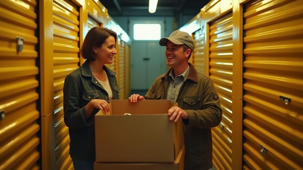 Happy Customers in Yellow Self-Storage: Cinematic Film Still