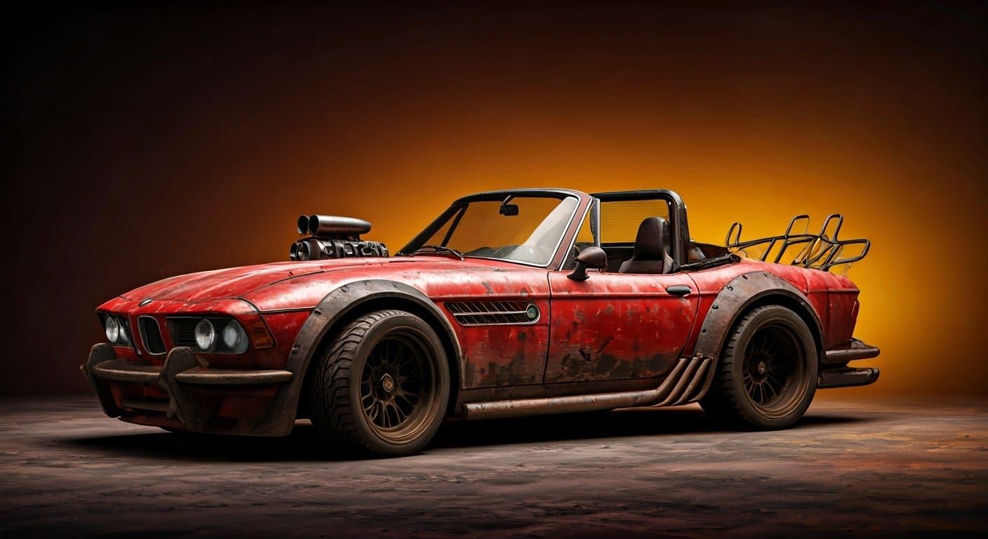 Red BMW Z1 in Dark Fantasy Post-Apocalyptic World
