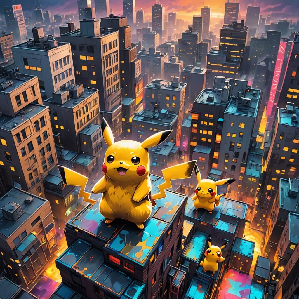 Pikachu Street Art on City Rooftop