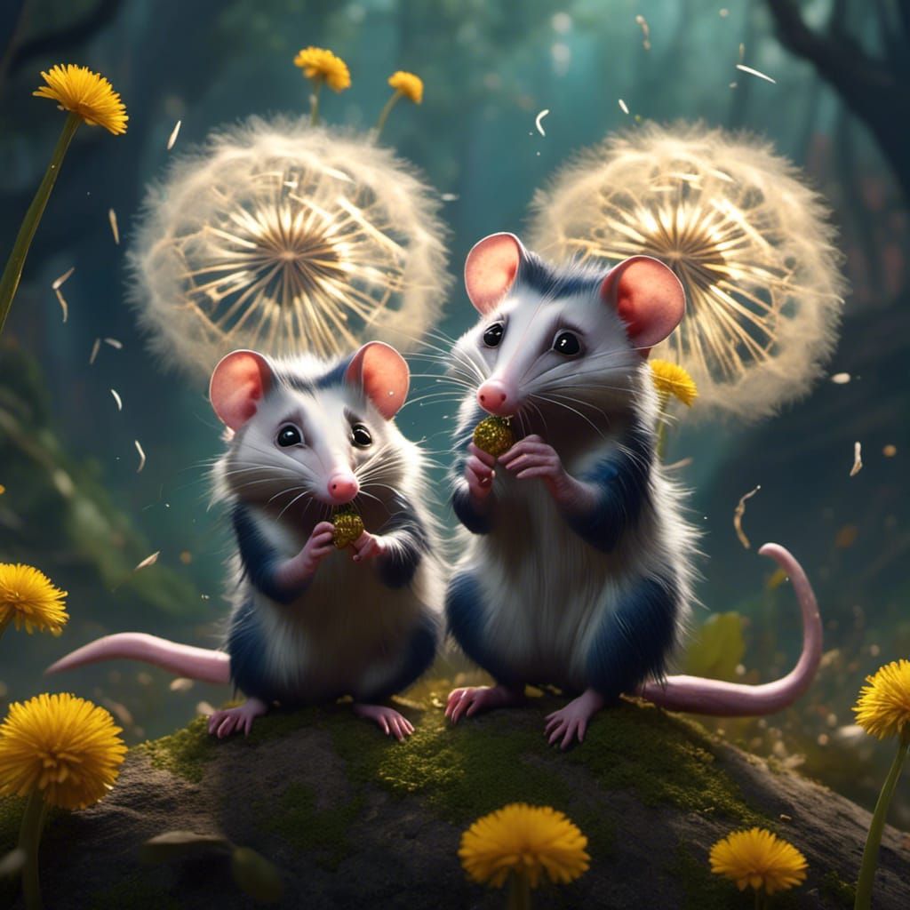Fantastical Opossums Sway Dandelion Seeds in Vibrant Dreamsc...