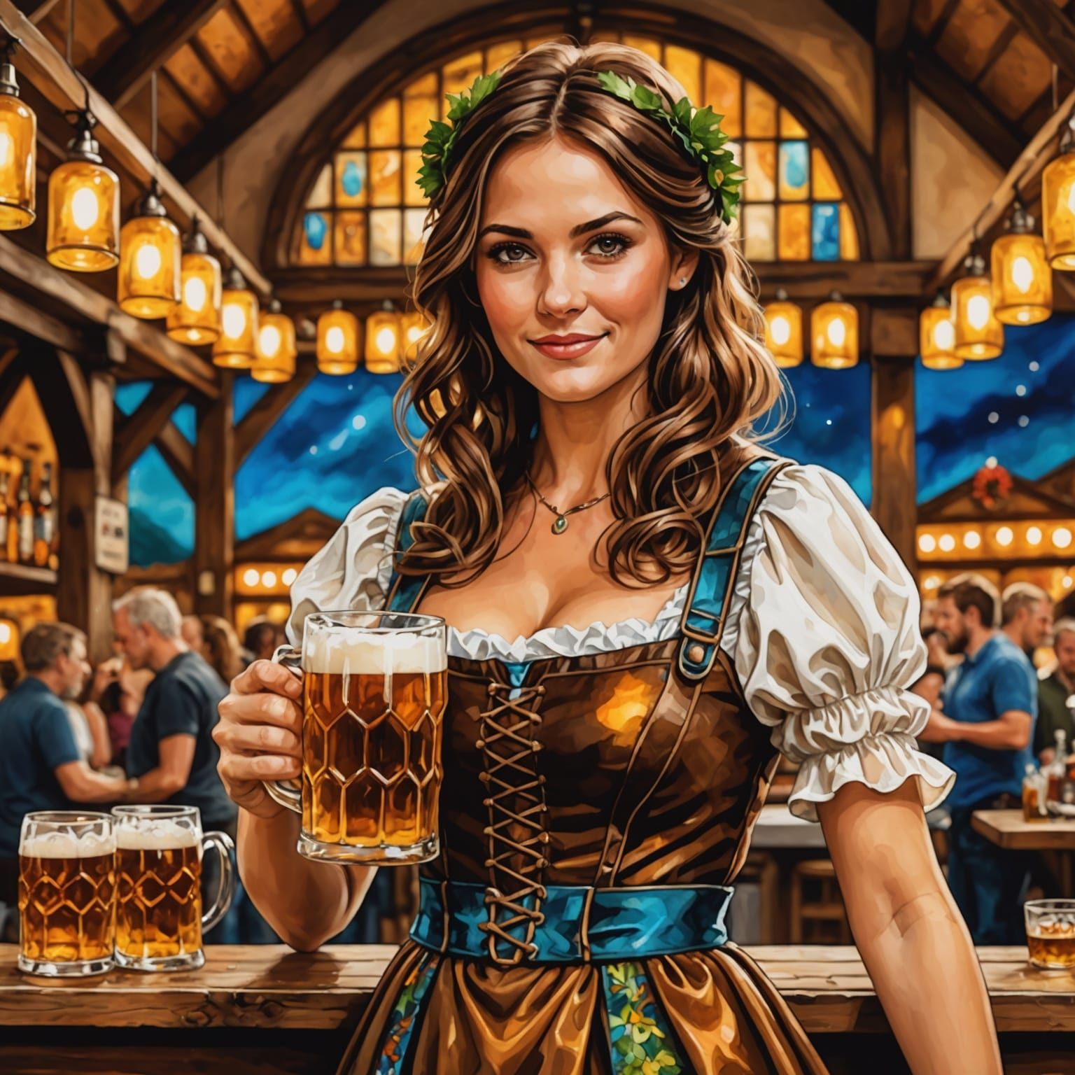Oktoberfest Maiden Serving Beer in Alcohol Ink Style