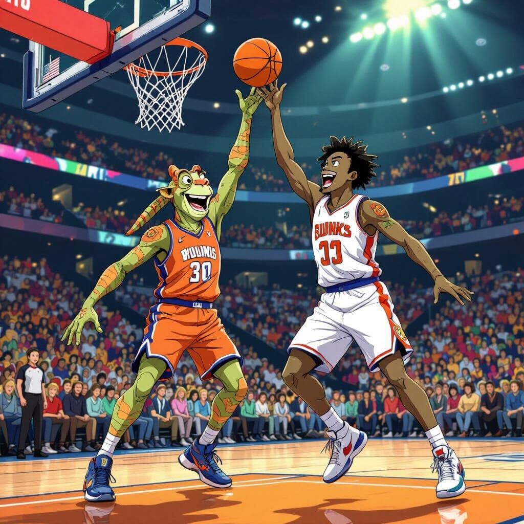 Jar Jar Binks Dunking Over Benson Boone in Anime Style