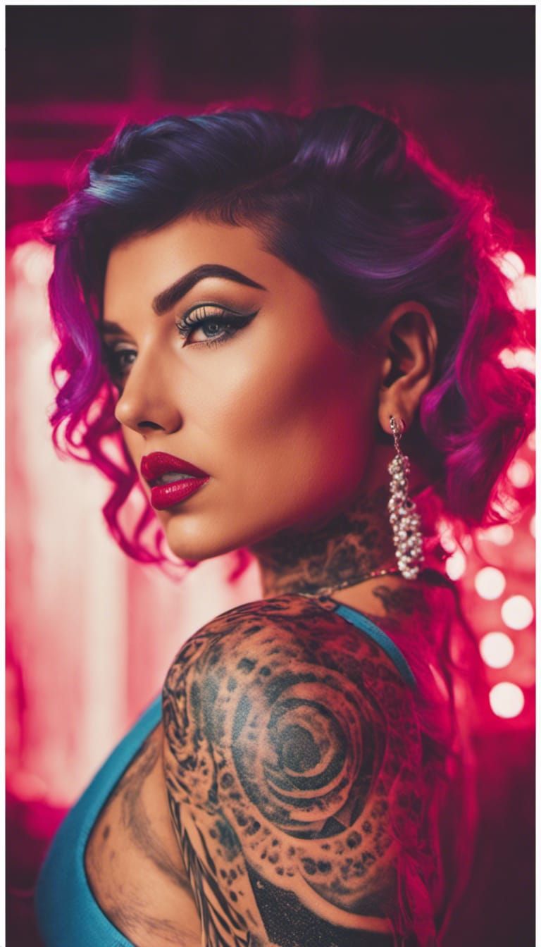 Pinup Woman with Miami Ink Tattoos in Synthwave Style