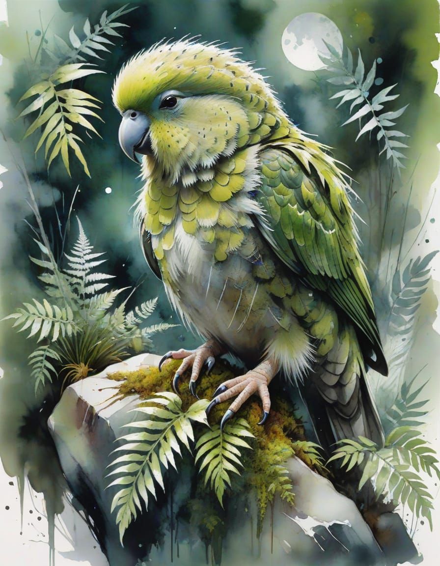 Kakapo Perched on Mossy Rock in Moonlight Watercolour