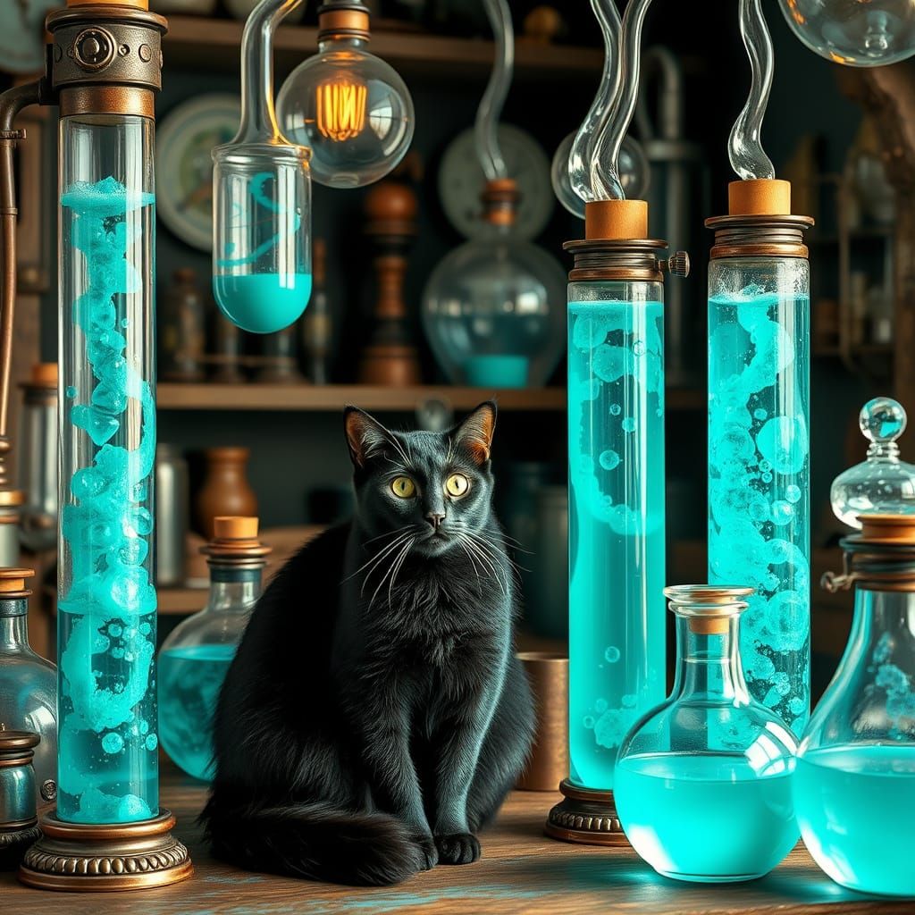 Teal Potions Bubble in Eccentric Steampunk Lab
