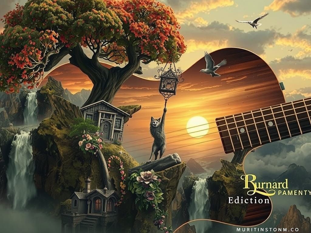 Ethereal Guitar Landscape in Dreamlike Sepia Tones