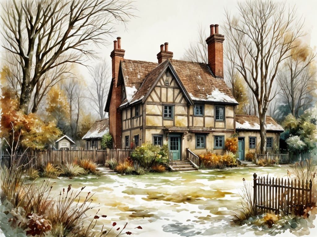 Winter Cottage Scene in Antique Watercolor Style