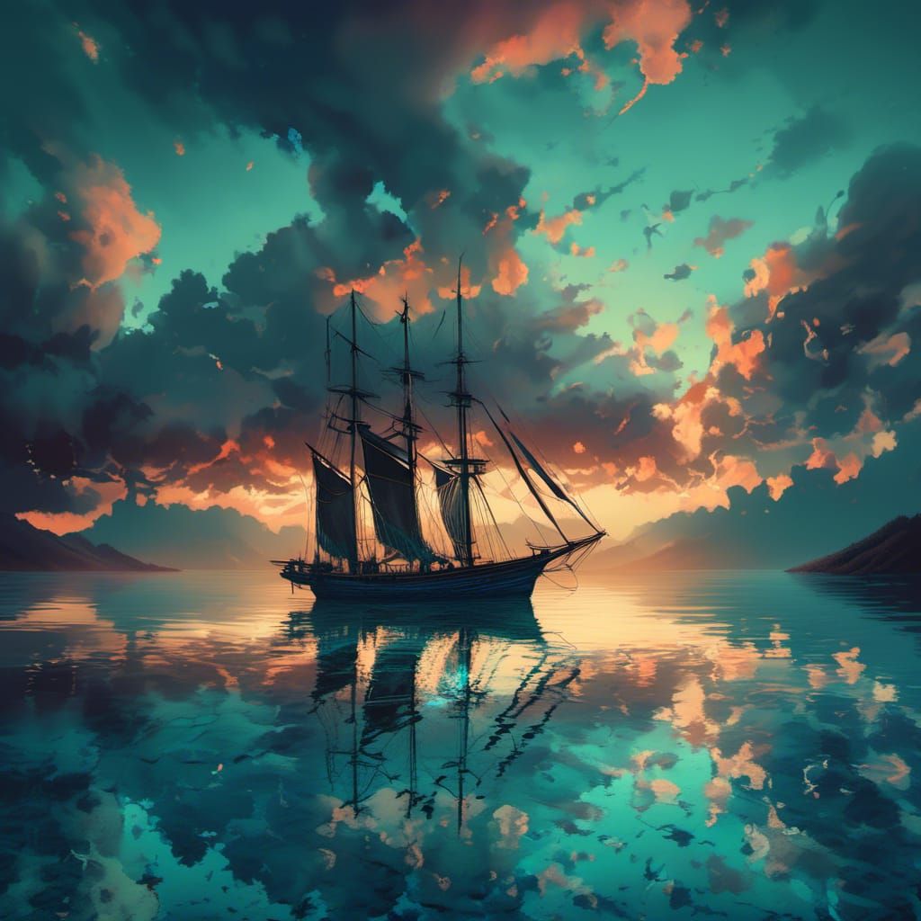 Turquoise Sunset Lake with Sailboat, Fantasy Art