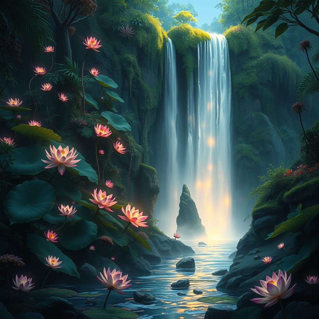 Mystical Bioluminescent Oasis in a Lush Jungle Landscape