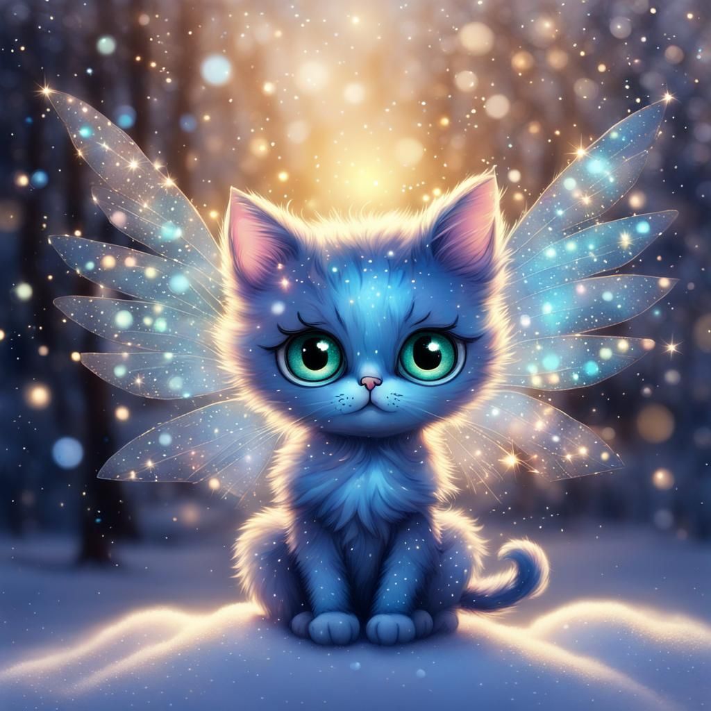 Iridescent Winged Cat in Winter Wonderland
