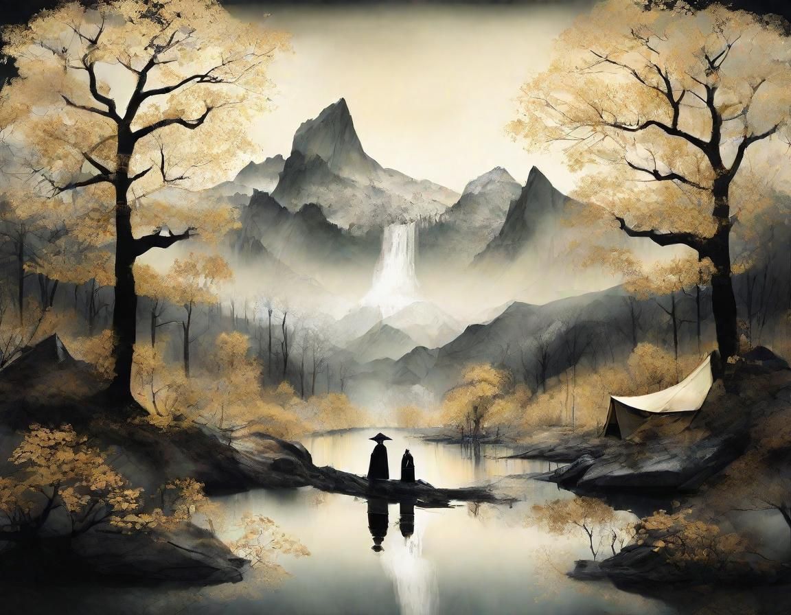 Mountain Landscape: Misty Oil Painting with Blossom Trees