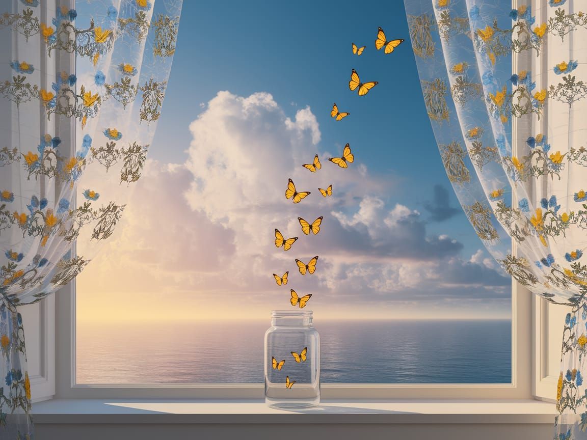 Butterflies Released in a Hyper-Realistic Ocean View