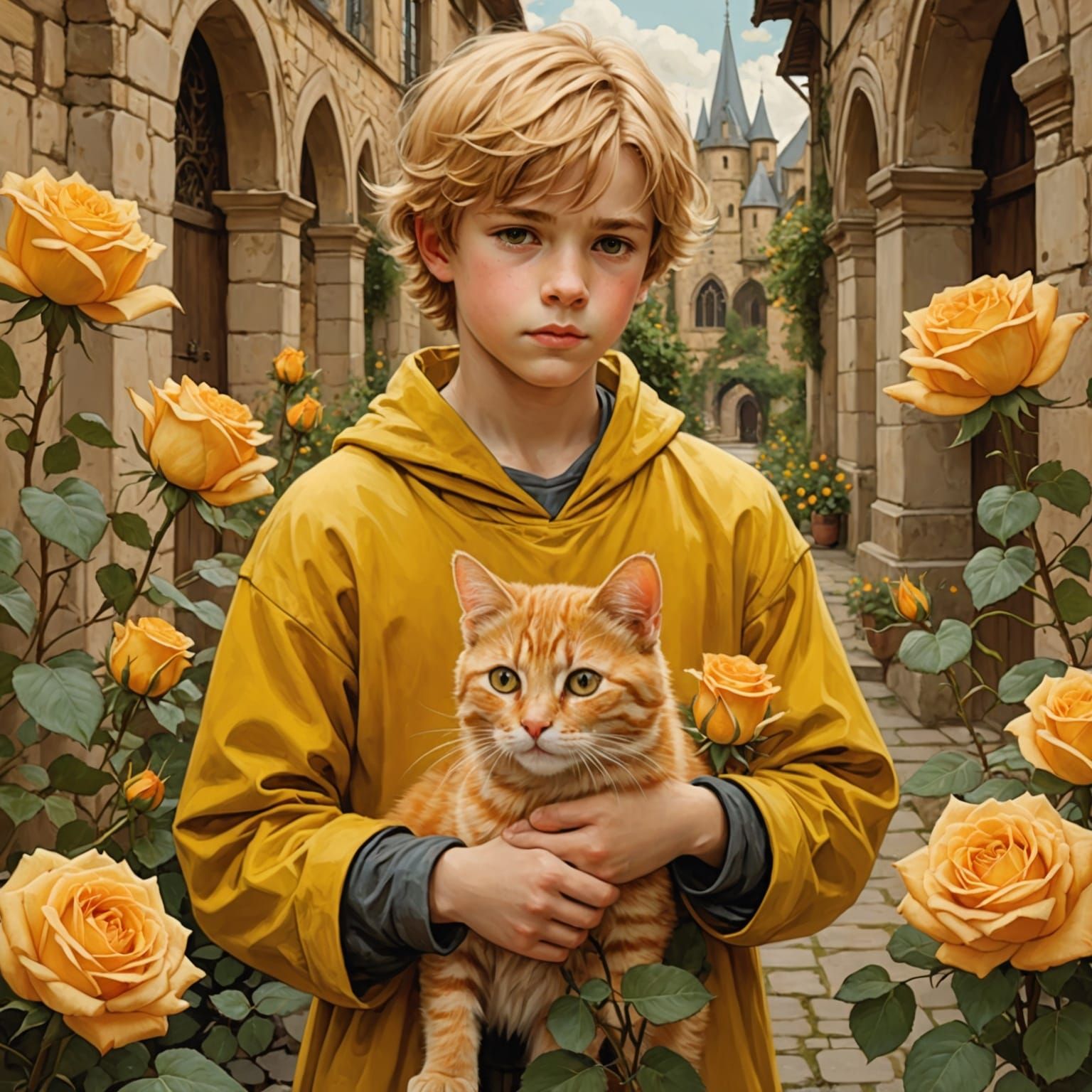 Blond Boy and Cat with Roses, Waterhouse Style