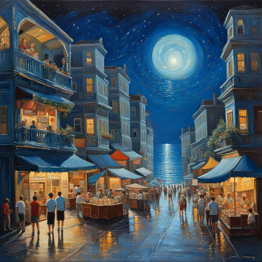 Summer Night Street Scene Oil Painting